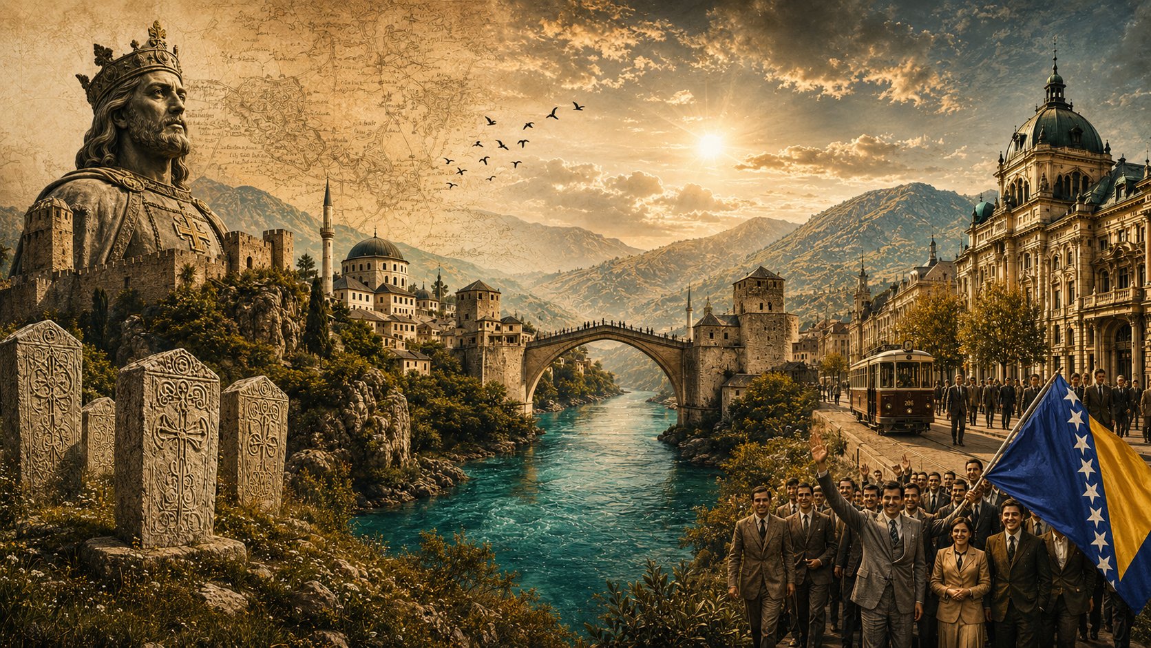 Editorial kolaž Bosne i Hercegovine kroz vrijeme: srednjovjekovni kralj, stećci, Stari most, čaršija, austrougarska arhitektura i savremeni simboli BiH